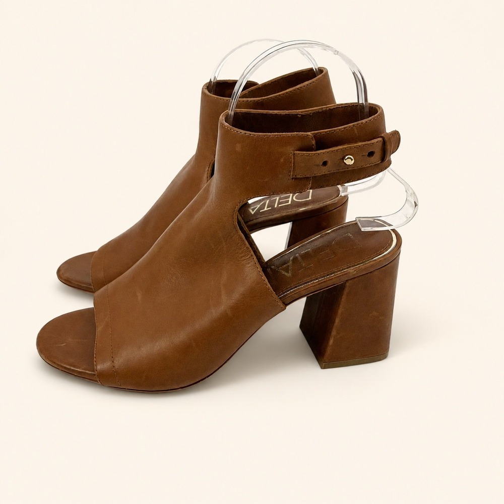 Deltan Women 7.5 Sadie Luggage Leather Block Heel Peep Toe Ankle Strap Sandals